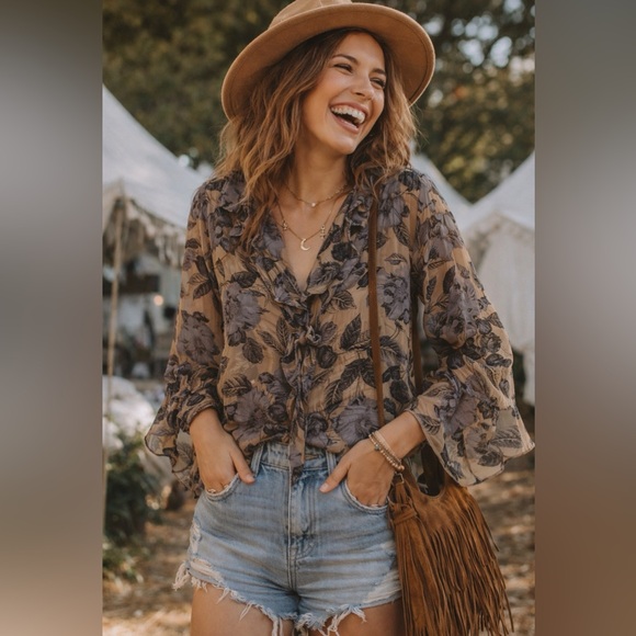 Anne Klein Tops - Anne Klein Floral Sheer Blouse - Brown and Gray